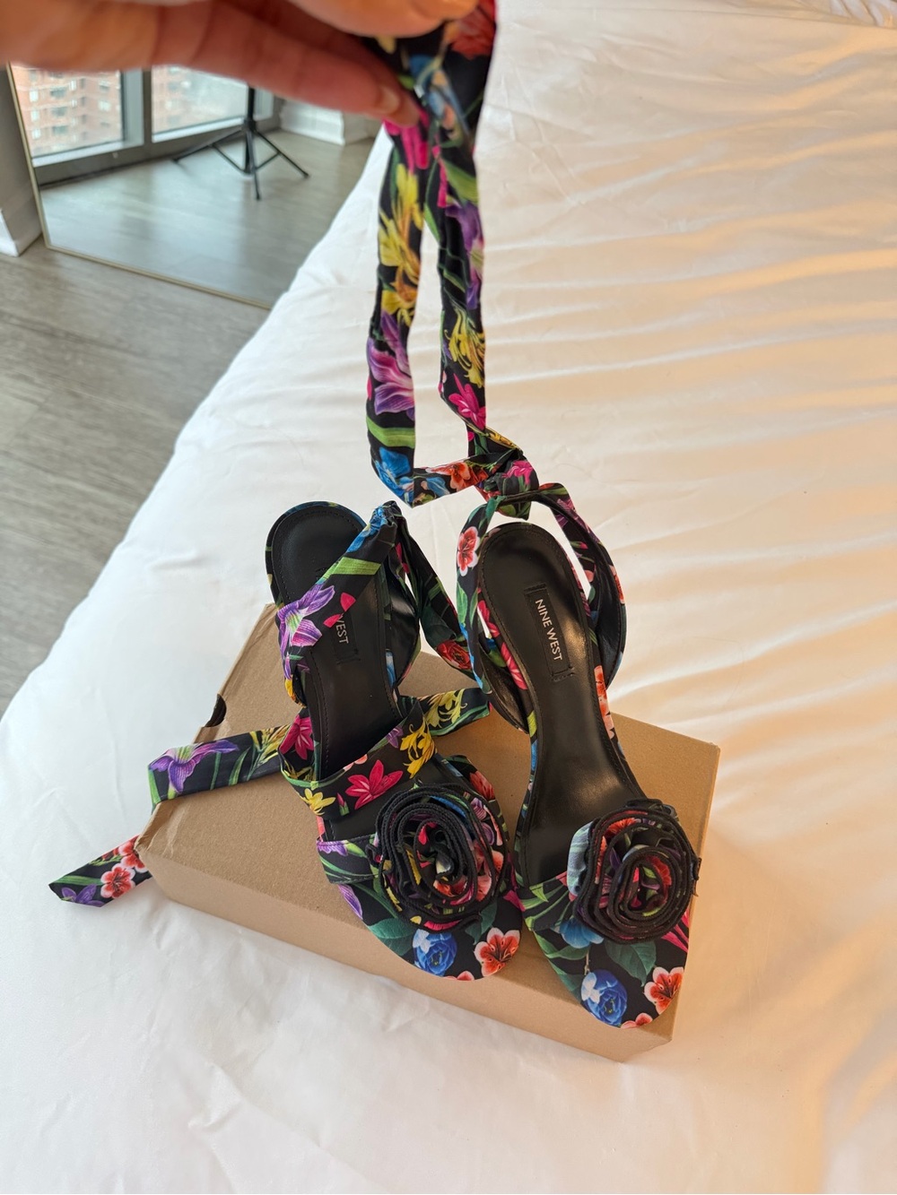 Nine West Floral Multicolor Ankle-Tie Block Heels - Picture 2 of 10